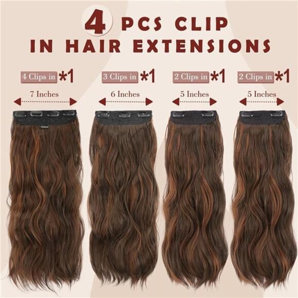 FESHFEN Clip in Hair Extensions for Women - 4 Pcs Thick Double Weft Long Wavy - Picture 2 of 7